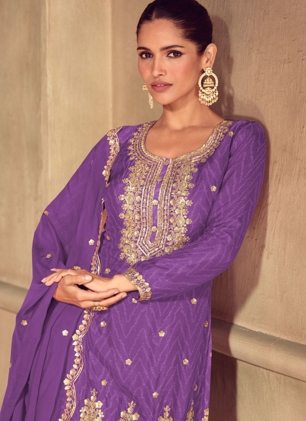 Palazzo Suit Embroidered, Printed, Sequins, Zari Violet T7788