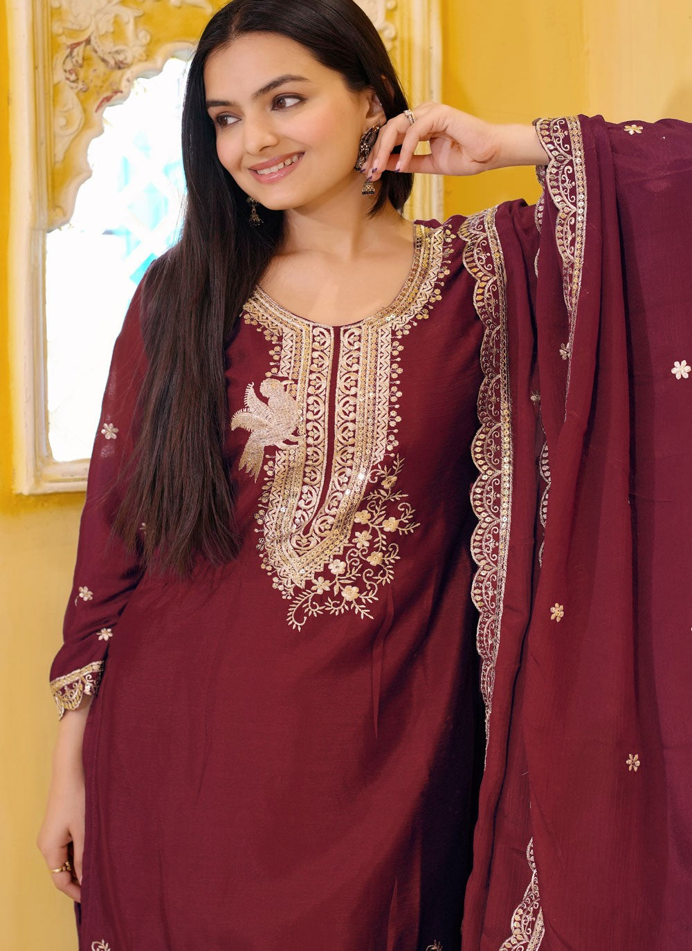 Embroidered Chinon Maroon Salwar Suit T6486