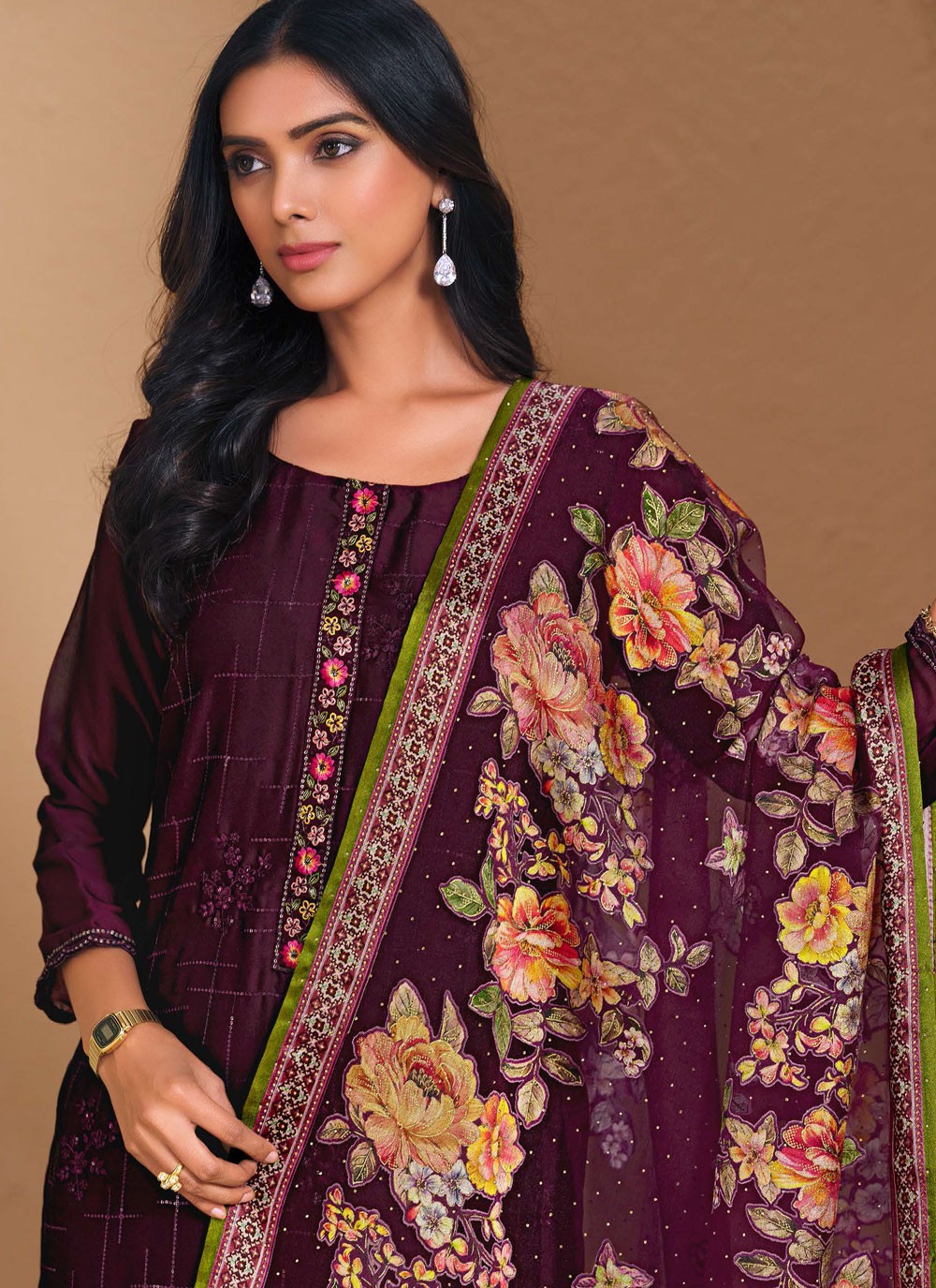 Pant Style Suit Embroidered Purple T7242