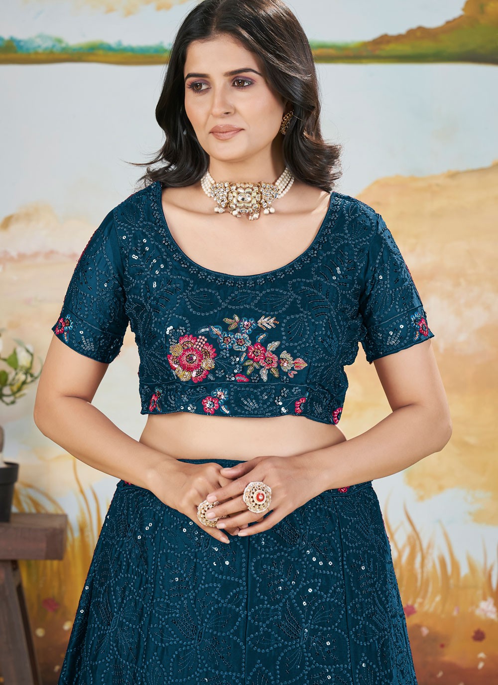 Floral Printed Chinon Turquoise Lehenga - L3298