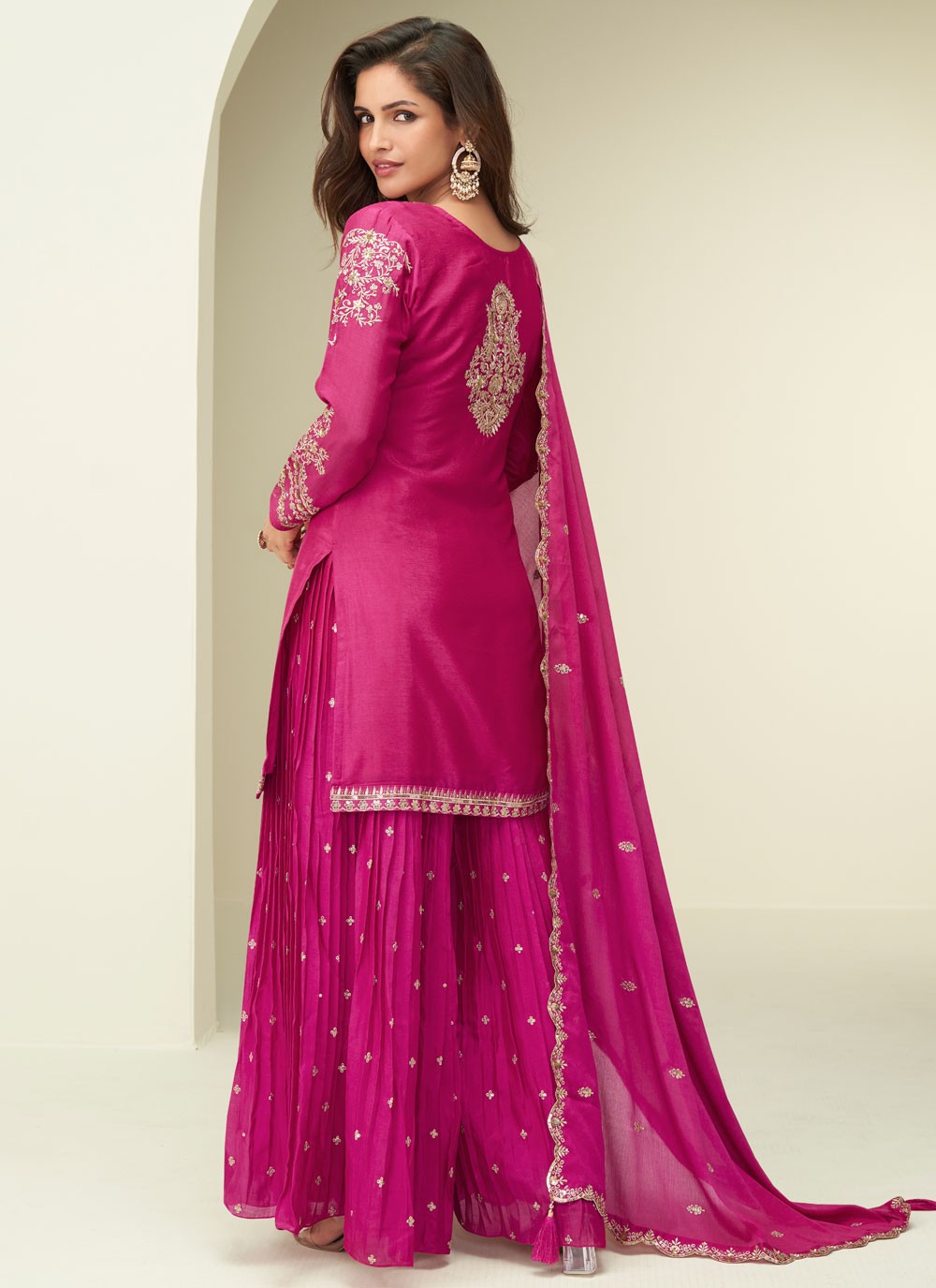 Palazzo Suit Embroidered, Zari Fuchsia T8265