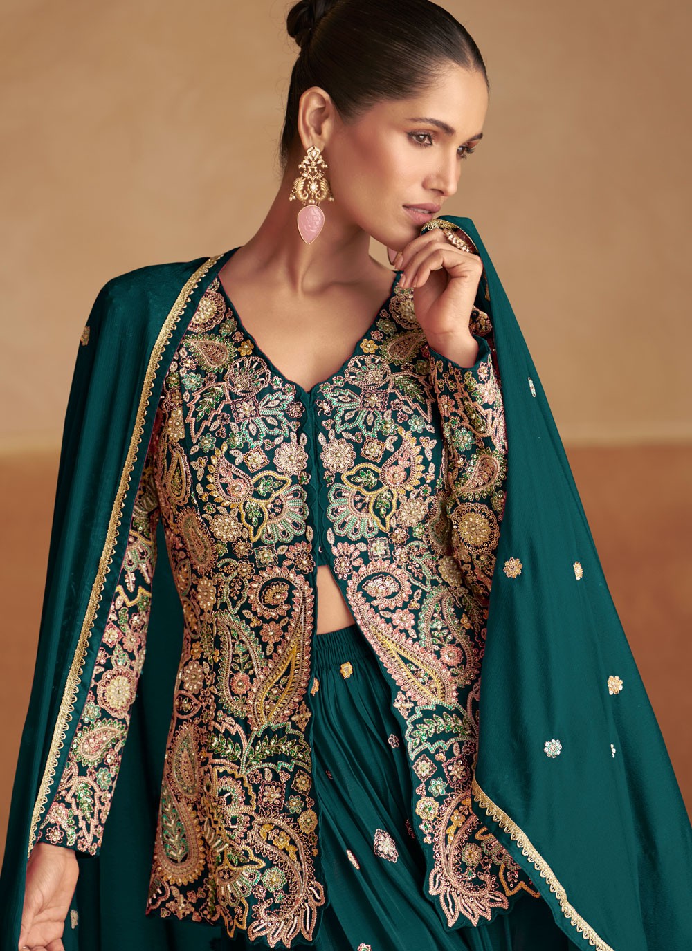 Palazzo Suit Beads, Embroidered, Fancy Work, Zari Green T8276