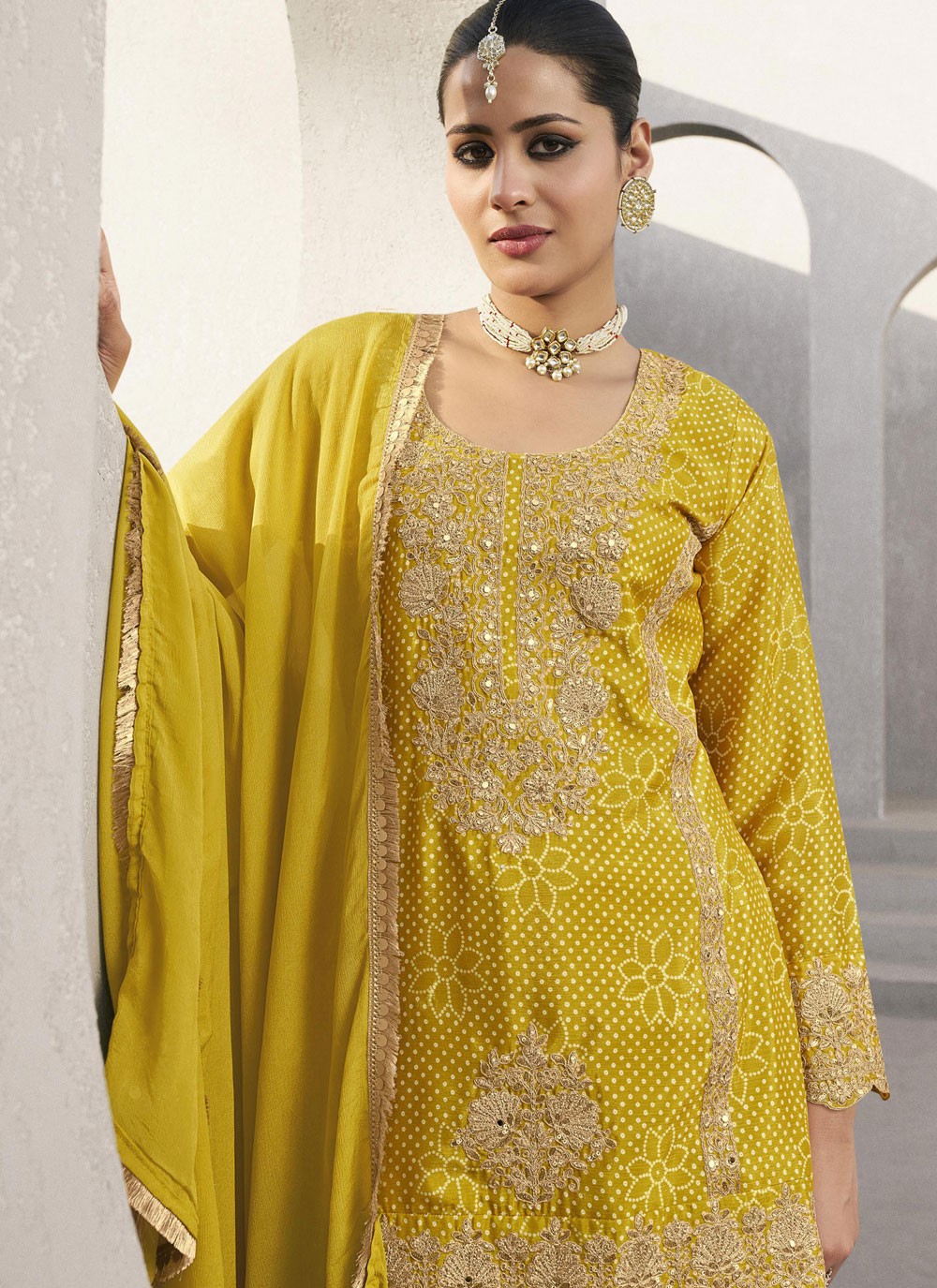 Digital Print Chinon Yellow Palazzo Suit T6277
