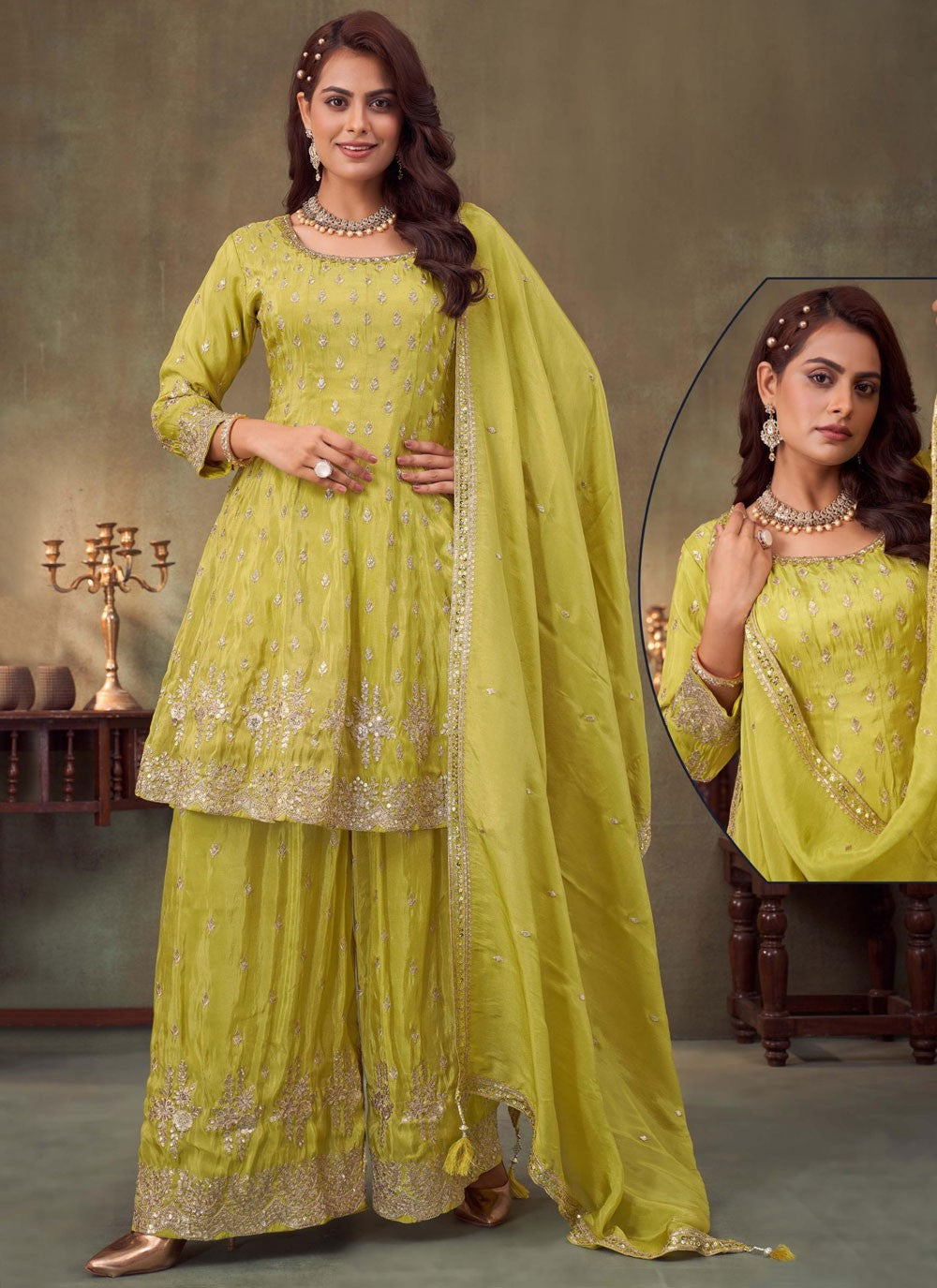 Palazzo Suit Embroidered, Sequins, Zari Green T7771