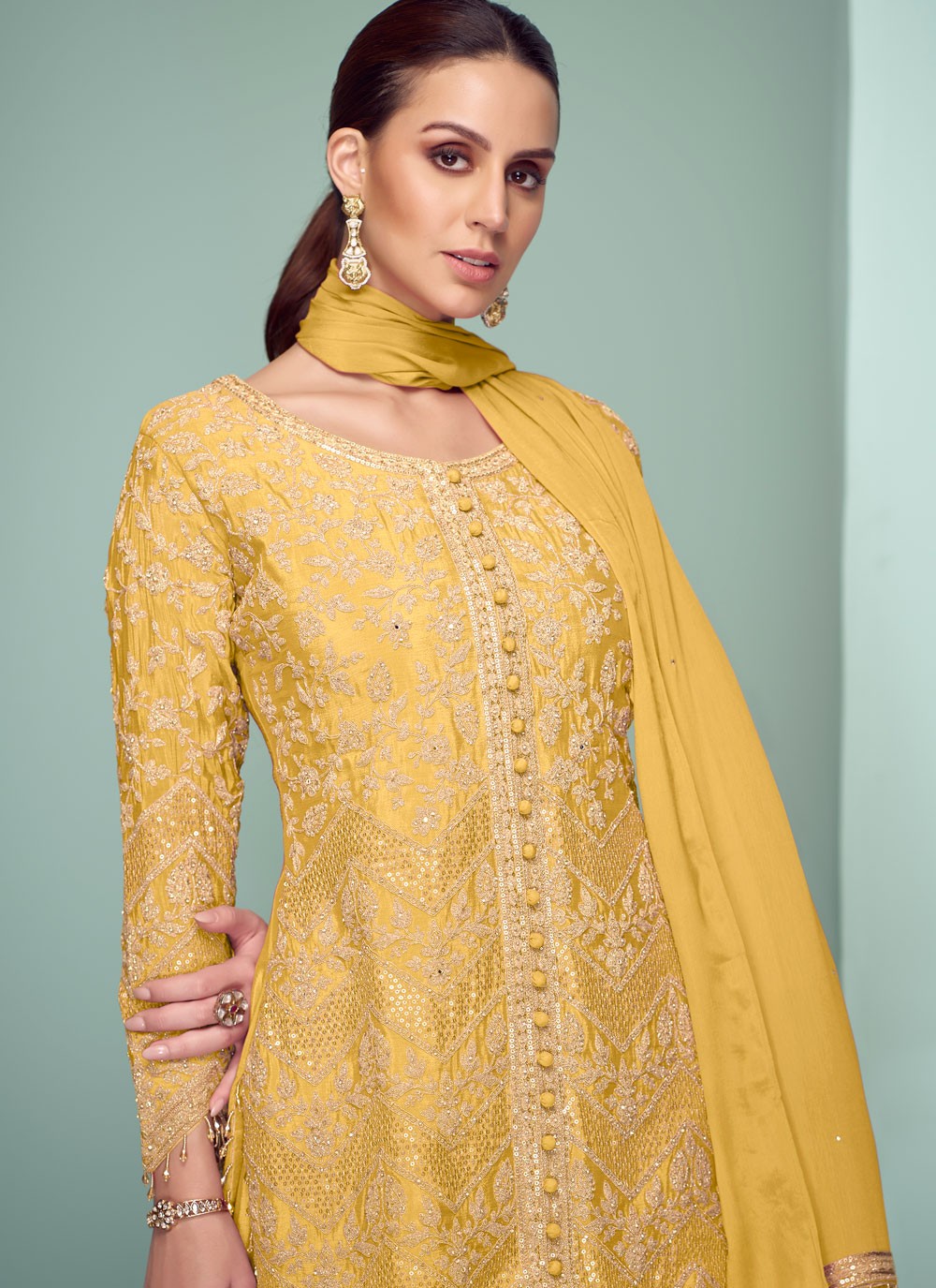 Palazzo Suit Embroidered, Sequins, Zari Yellow T7374