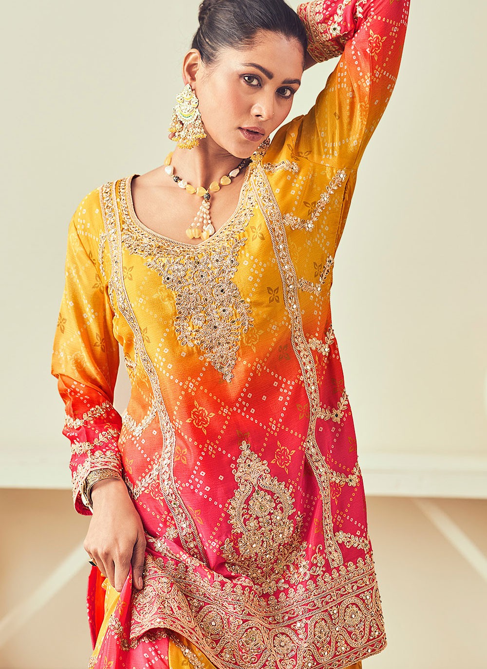 Salwar Suit Embroidered Yellow Chinon T5310