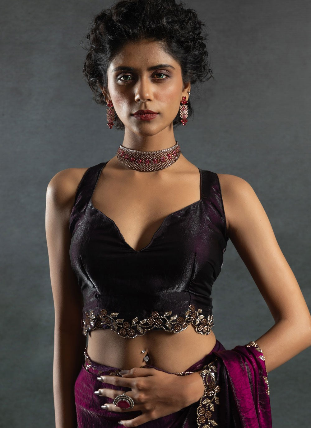 Border Work Satin Silk Purple Saree S14815