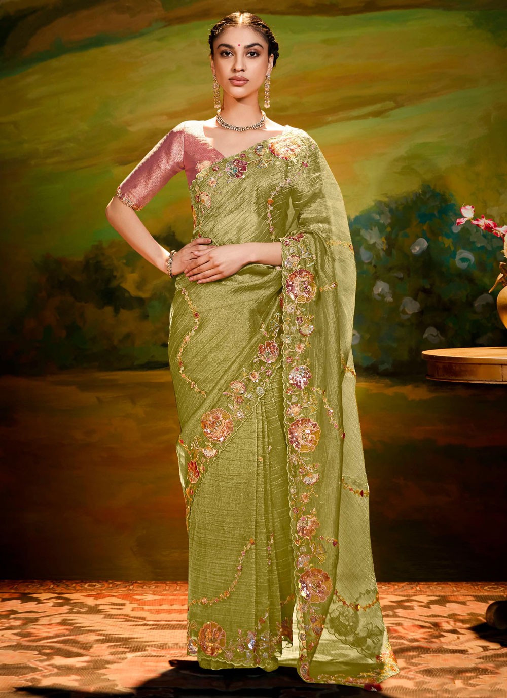 Embroidered Fancy Fabric Green Classic Saree S15262