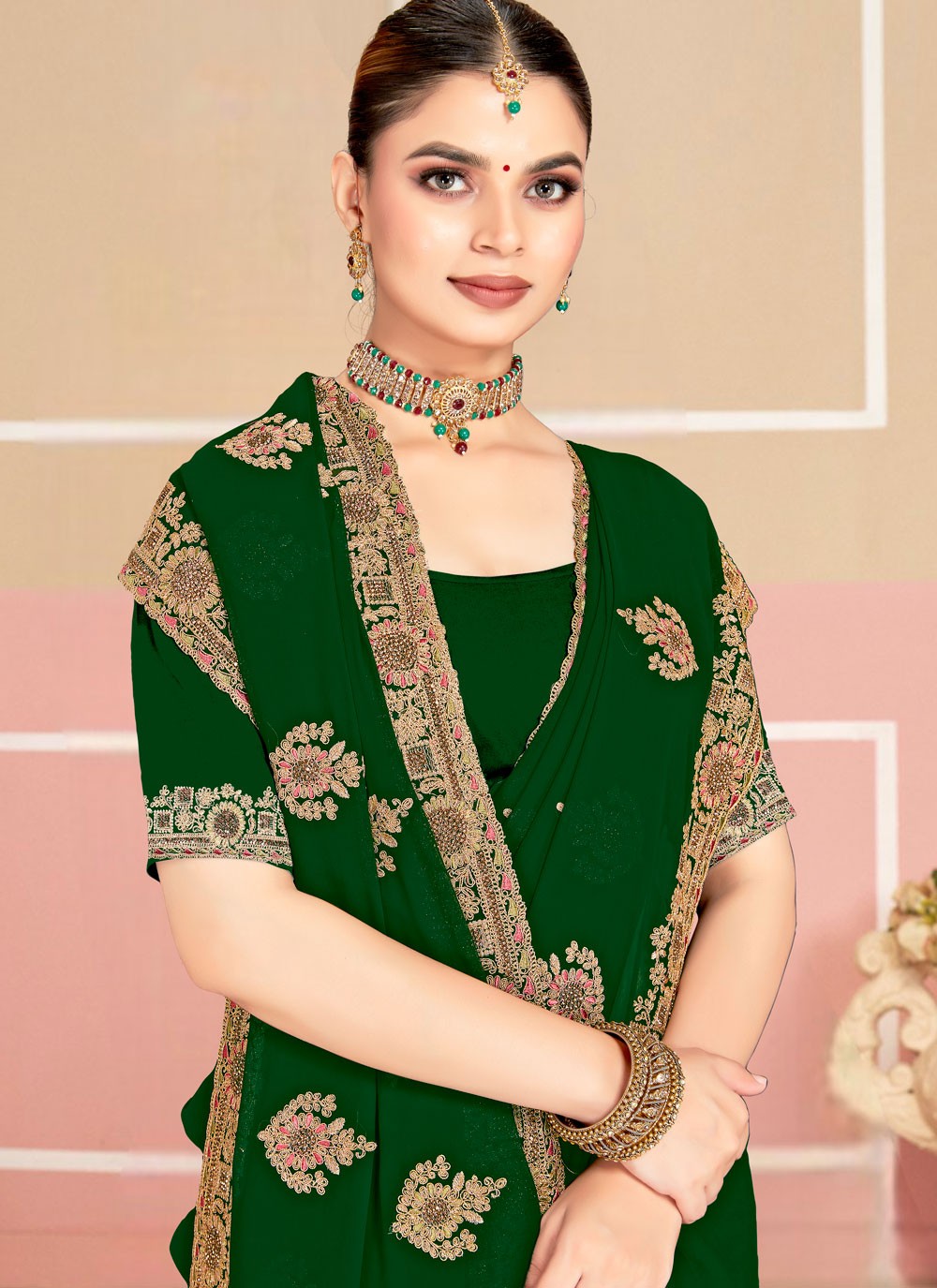 Green Georgette Classic Saree Cord, Embroidered S19978