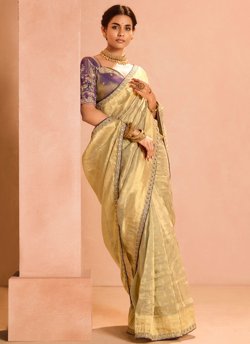 Classic Saree Embroidered Gold Silk S12843