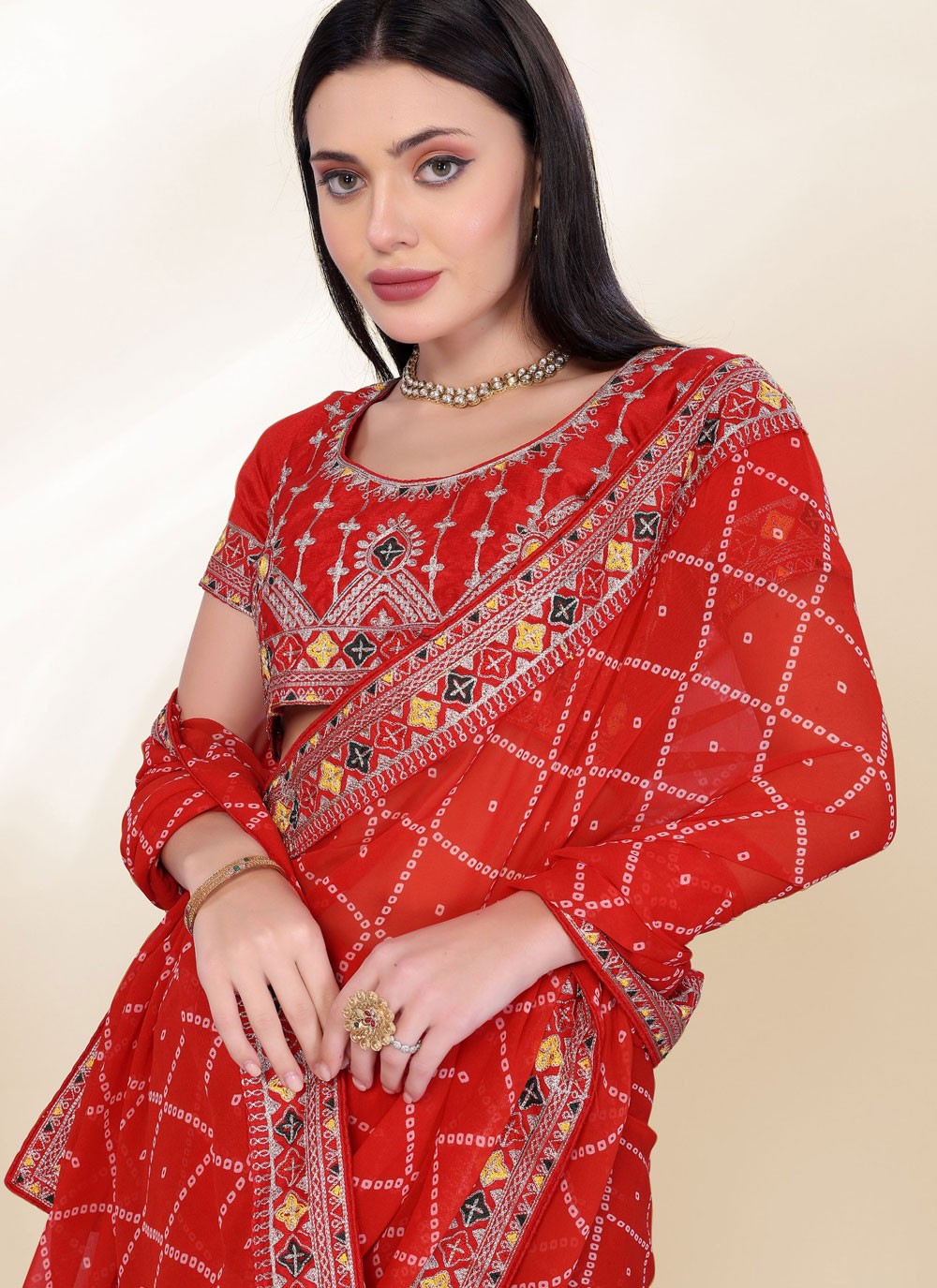 Border Work Georgette Red Saree S13816