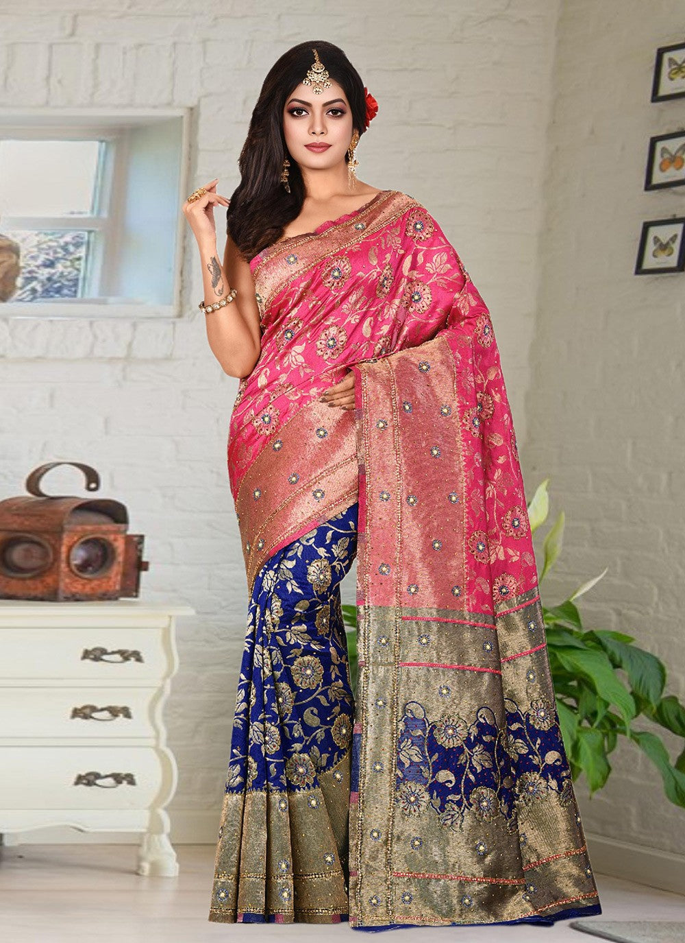 Hand Embroidery Kanjivaram Silk Navy Blue Saree S13768