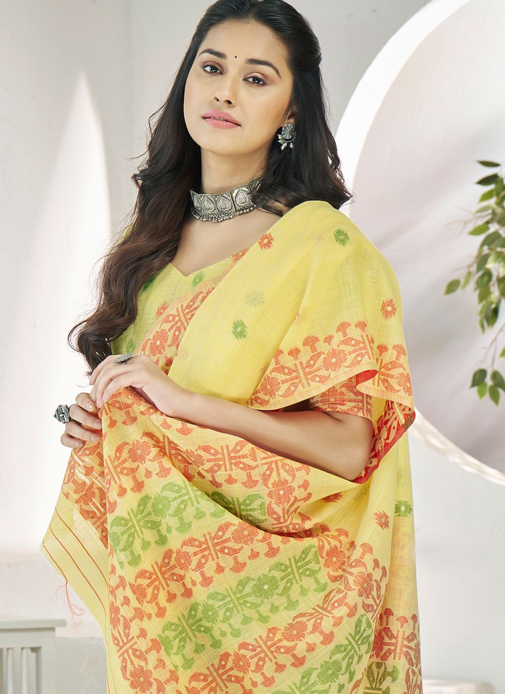 Aari Work Linen Yellow Saree S14136