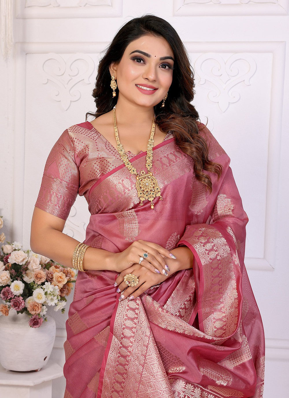 Weaving Zari Silk Pink Saree S14353