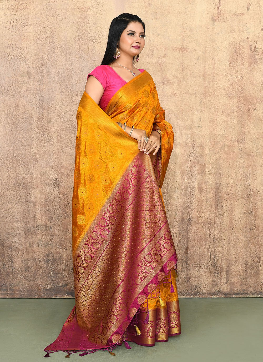 Classic Saree Hand Embroidery Mustard Kanjivaram Silk Saree S13142