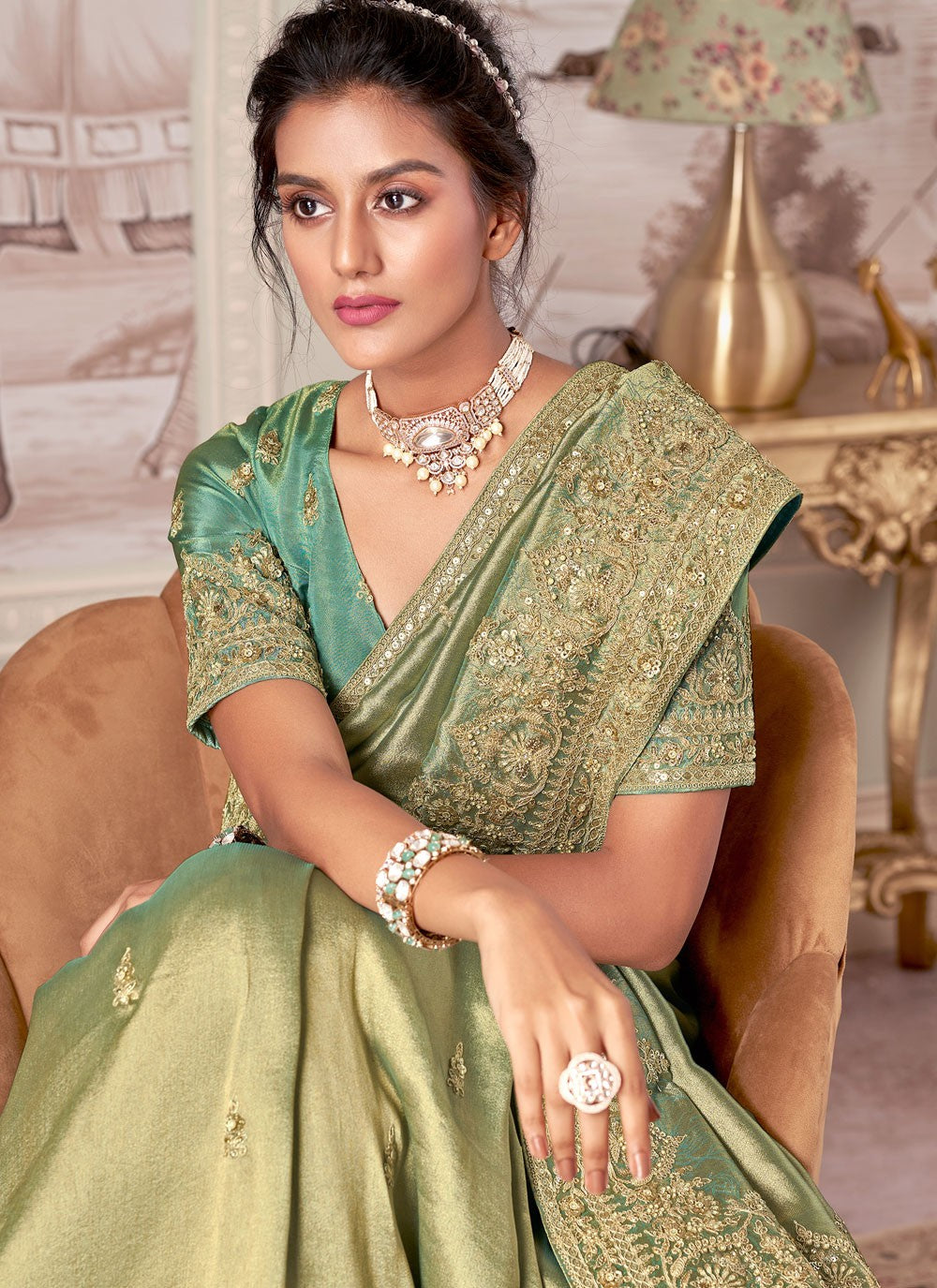 Green Jacquard Silk Classic Saree Buttis, Embroidered, Sequins, Stones, Zari S17439
