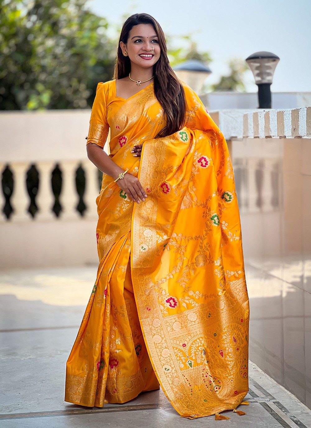 Yellow Banarasi Silk Classic Saree Meenakari S16334