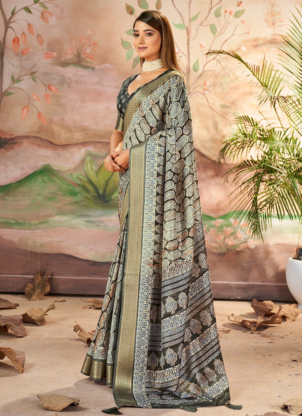 Printed Silk Grey Classic Saree S15376