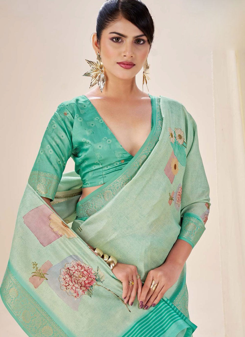 Turquoise Silk Classic Saree Border Work, Fancy Work, Printed, Weaving Zari S19072
