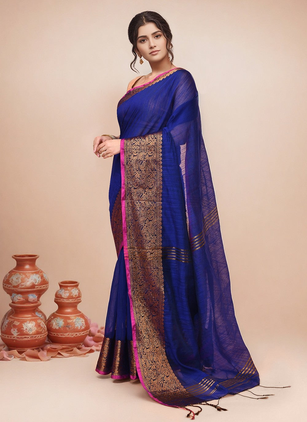 Navy Blue Blended Cotton Contemporary Saree Border Work S20015