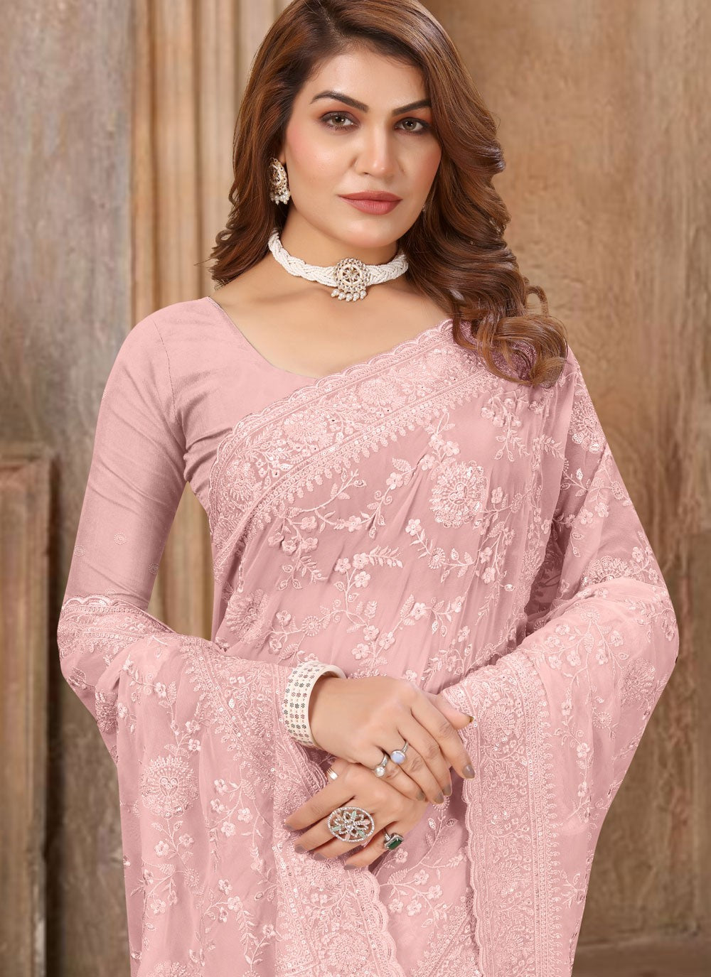 Cut Work Georgette Pink Contemporary Saree S15610