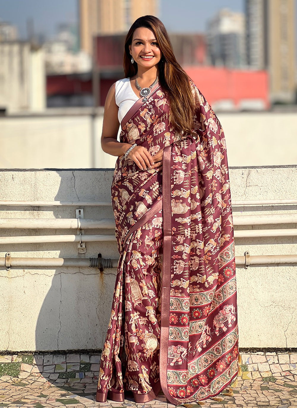 Border Work, Digital Print, Woven Tussar Silk Saree - S11795