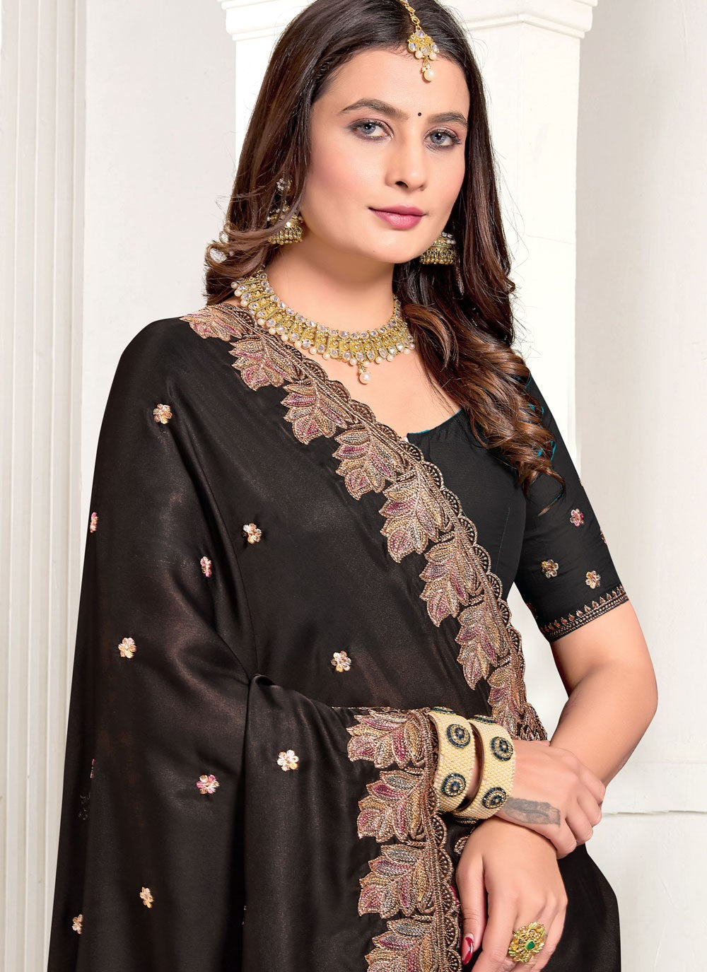 Classic Embroidered Satin Lavender Saree - S10728