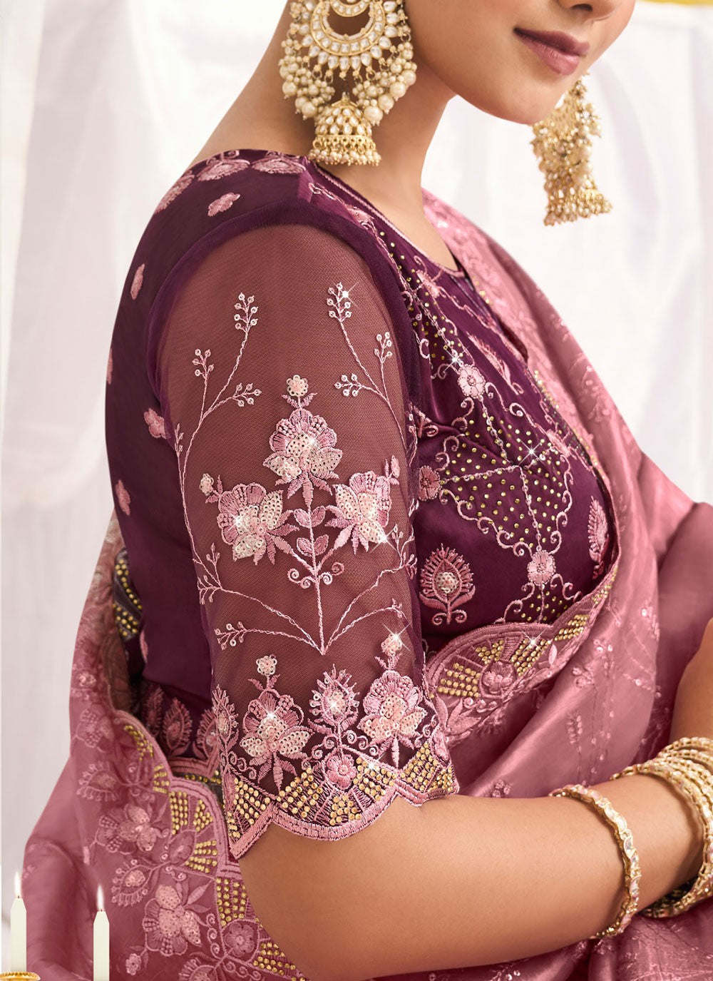 Contemporary Cut Work Pink, Purple Silk Saree S12746