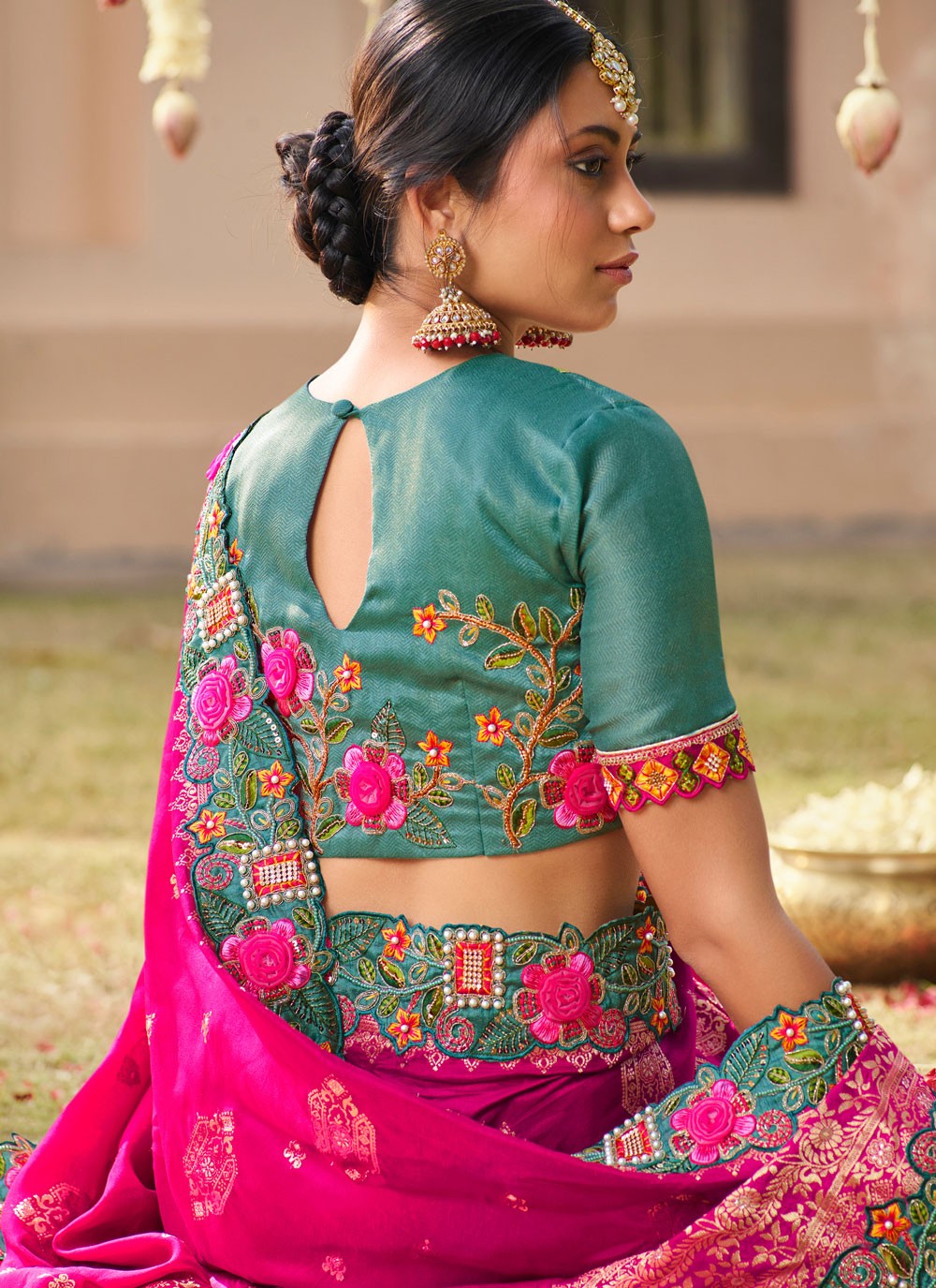 Contemporary Cut Work Hot Pink, Rama Silk Saree S13368