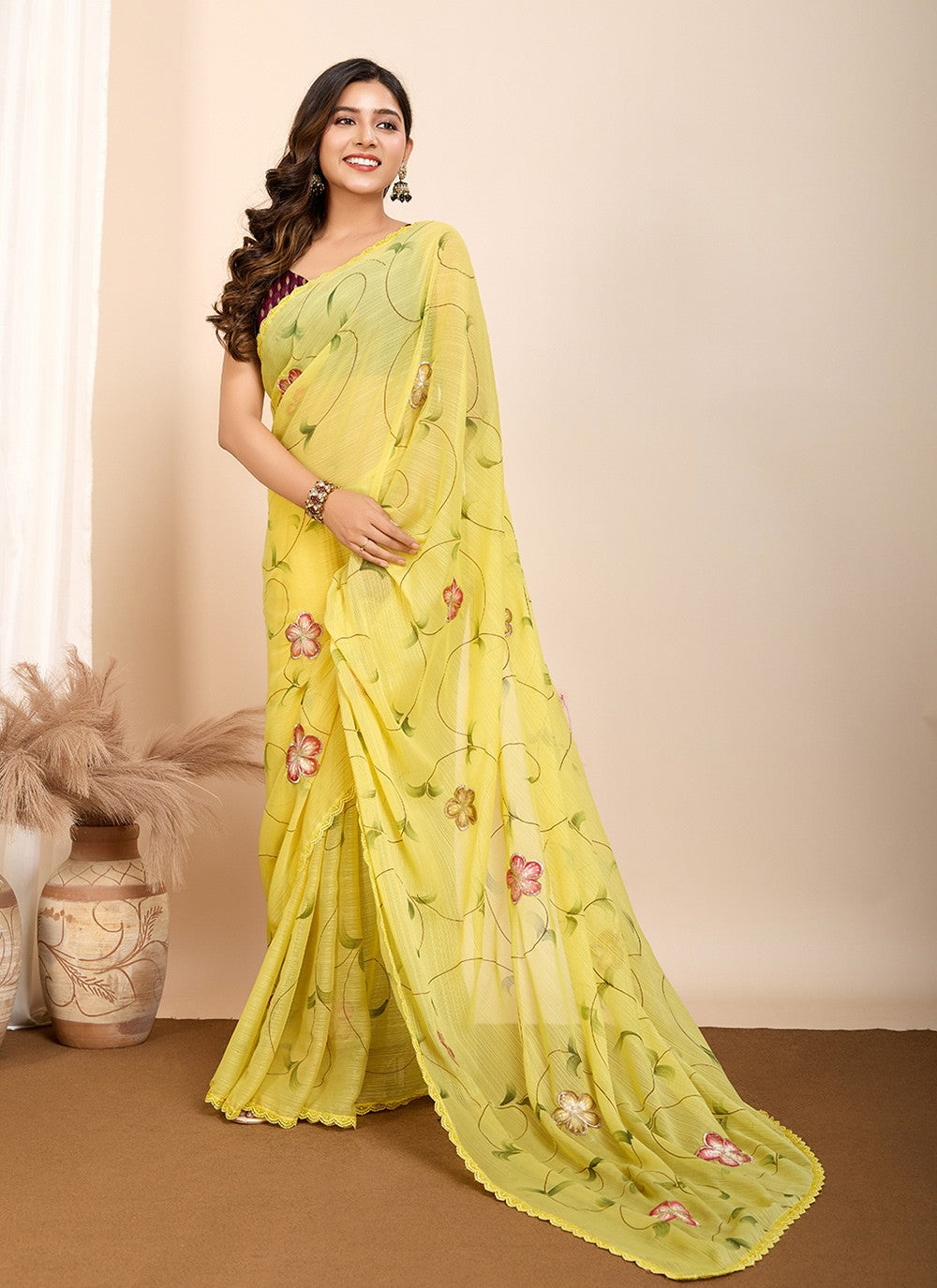 Contemporary Foliage Prints Yellow Georgette Saree S13463