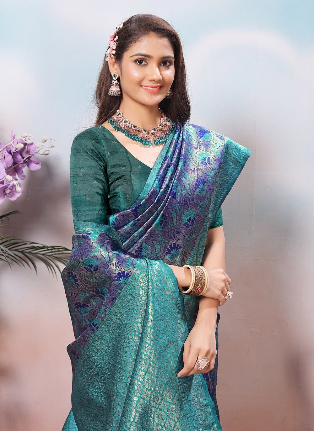 Weaving Zari Silk Blue Contemporary Saree S15384