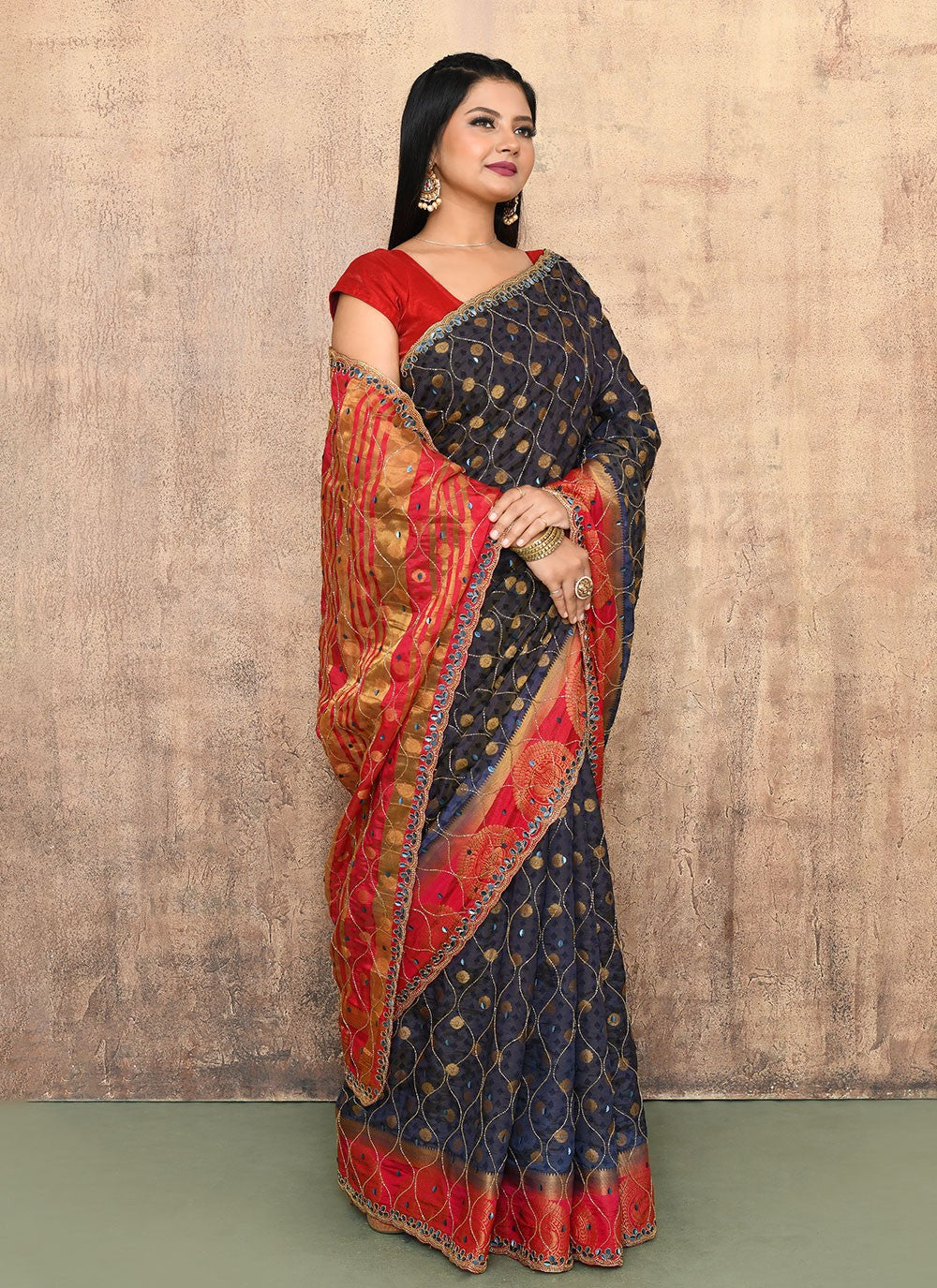 Contemporary Hand Embroidery Navy Blue Kanjivaram Silk Saree S13147