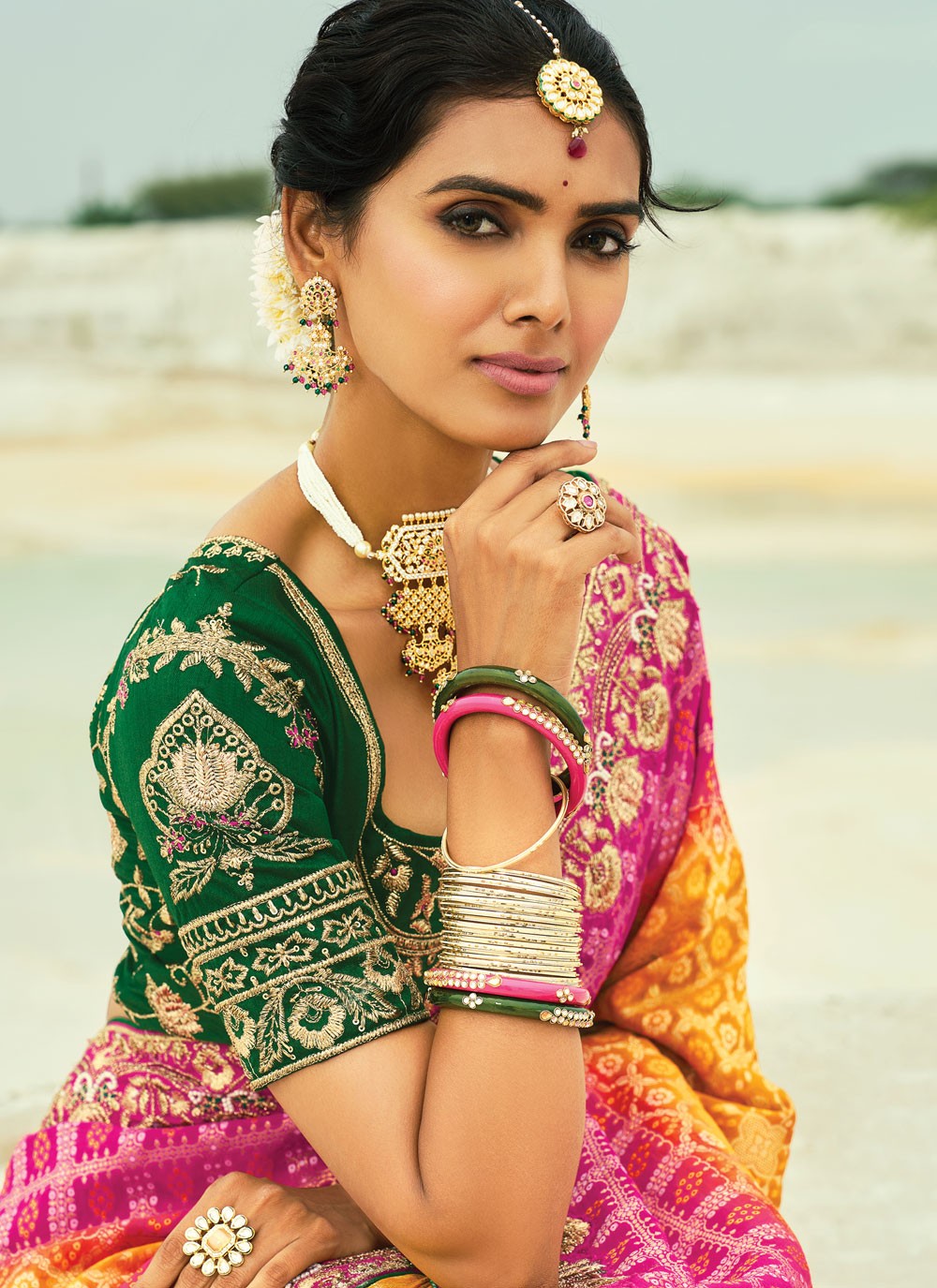 Hot Pink Pure Georgette Contemporary Saree Bandhej, Beads, Cutdana, Embroidered, Fancy Work, Zari S19122