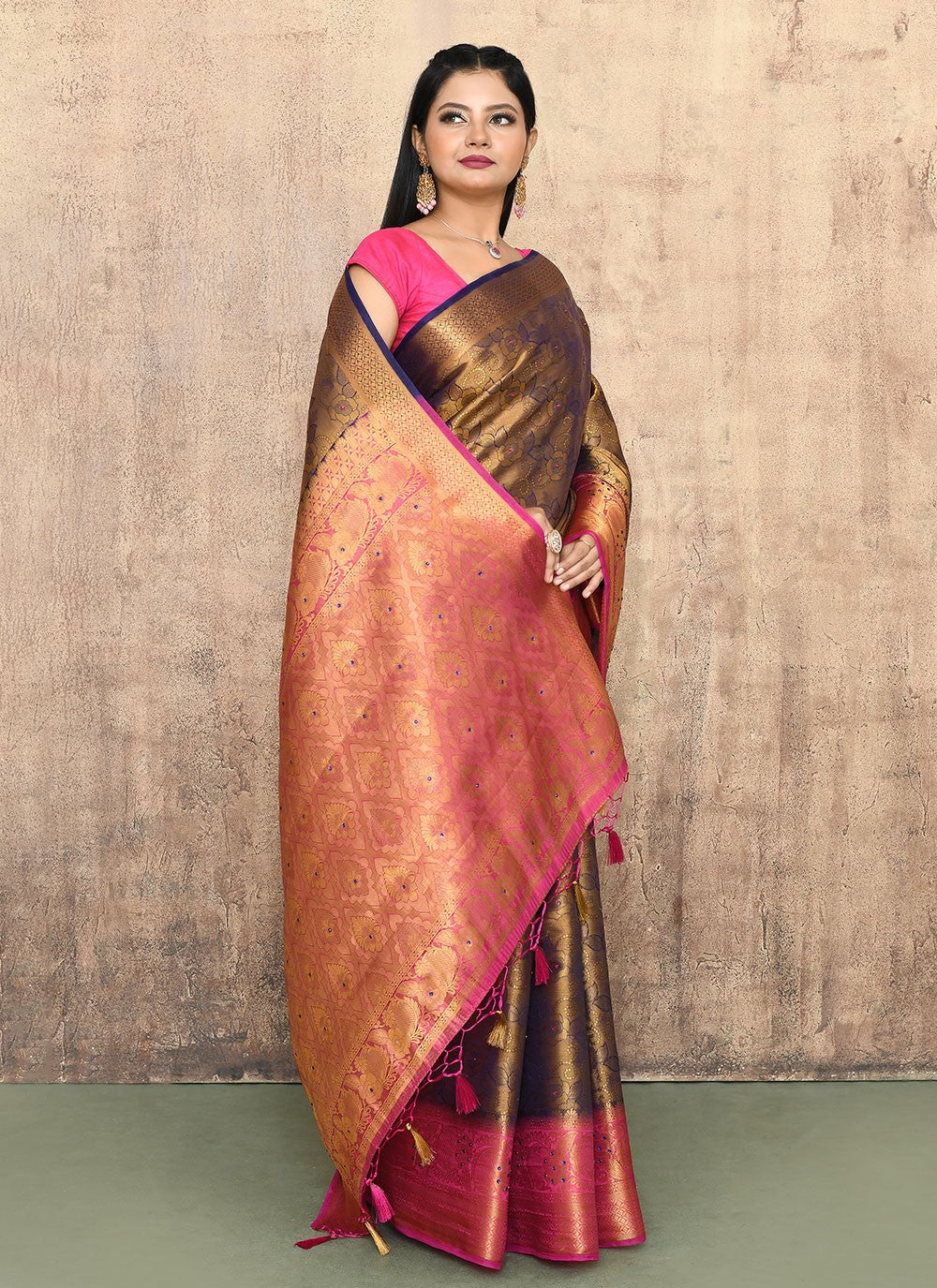 Contemporary Hand Embroidery Brown, Navy Blue Kanjivaram Silk Saree S13150
