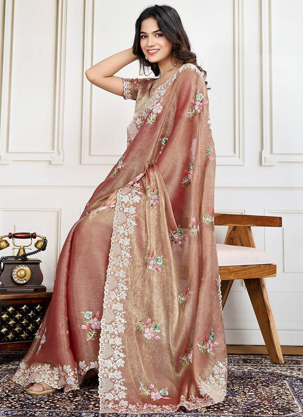 Cut Work Silk Brown Saree S14226
