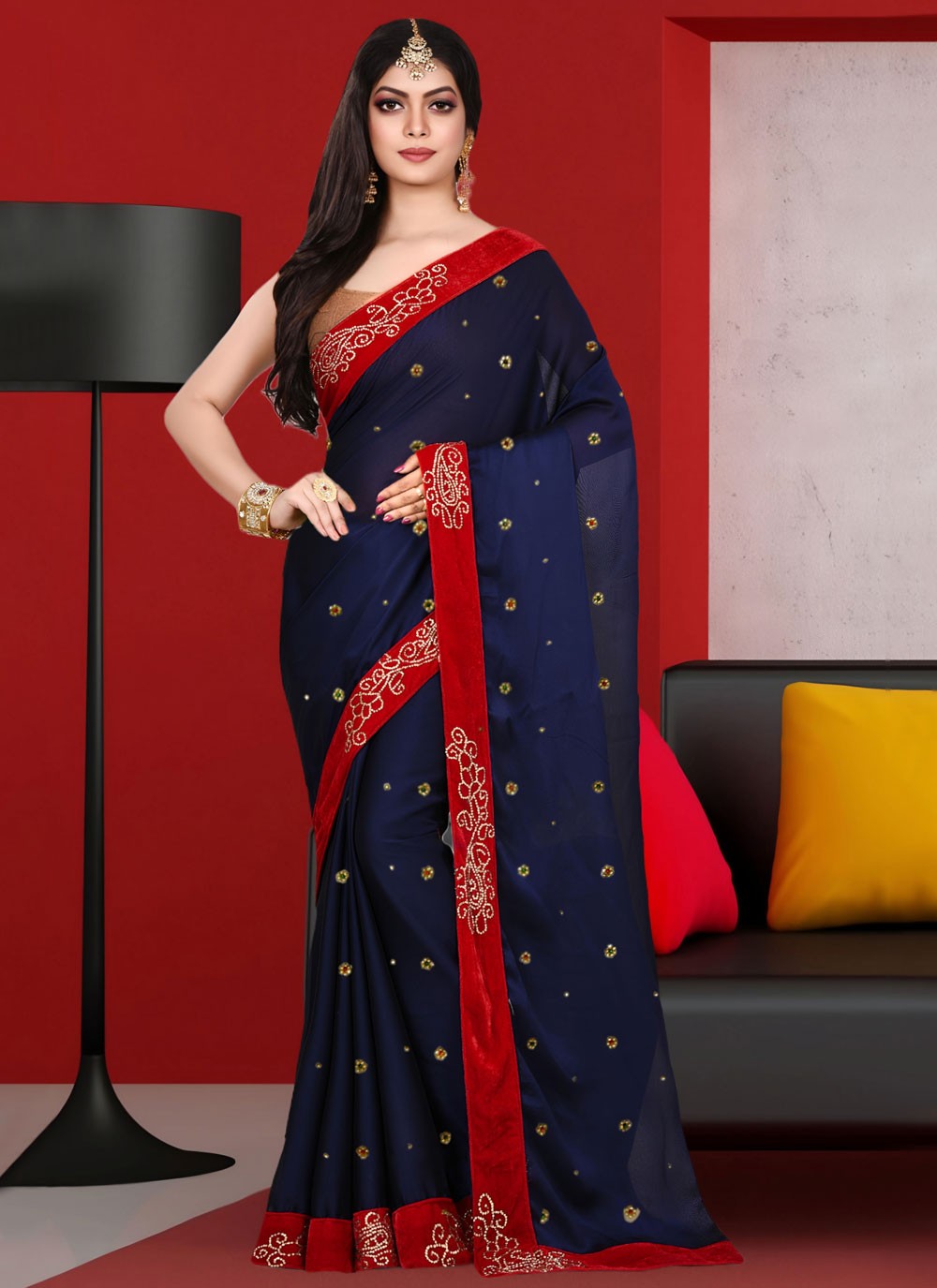 Embroidered Art Silk Navy Blue Contemporary Saree S15531