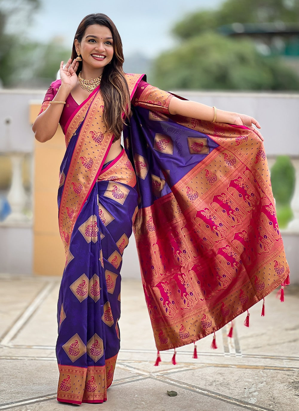 Violet Banarasi Silk Contemporary Saree Meenakari S18782