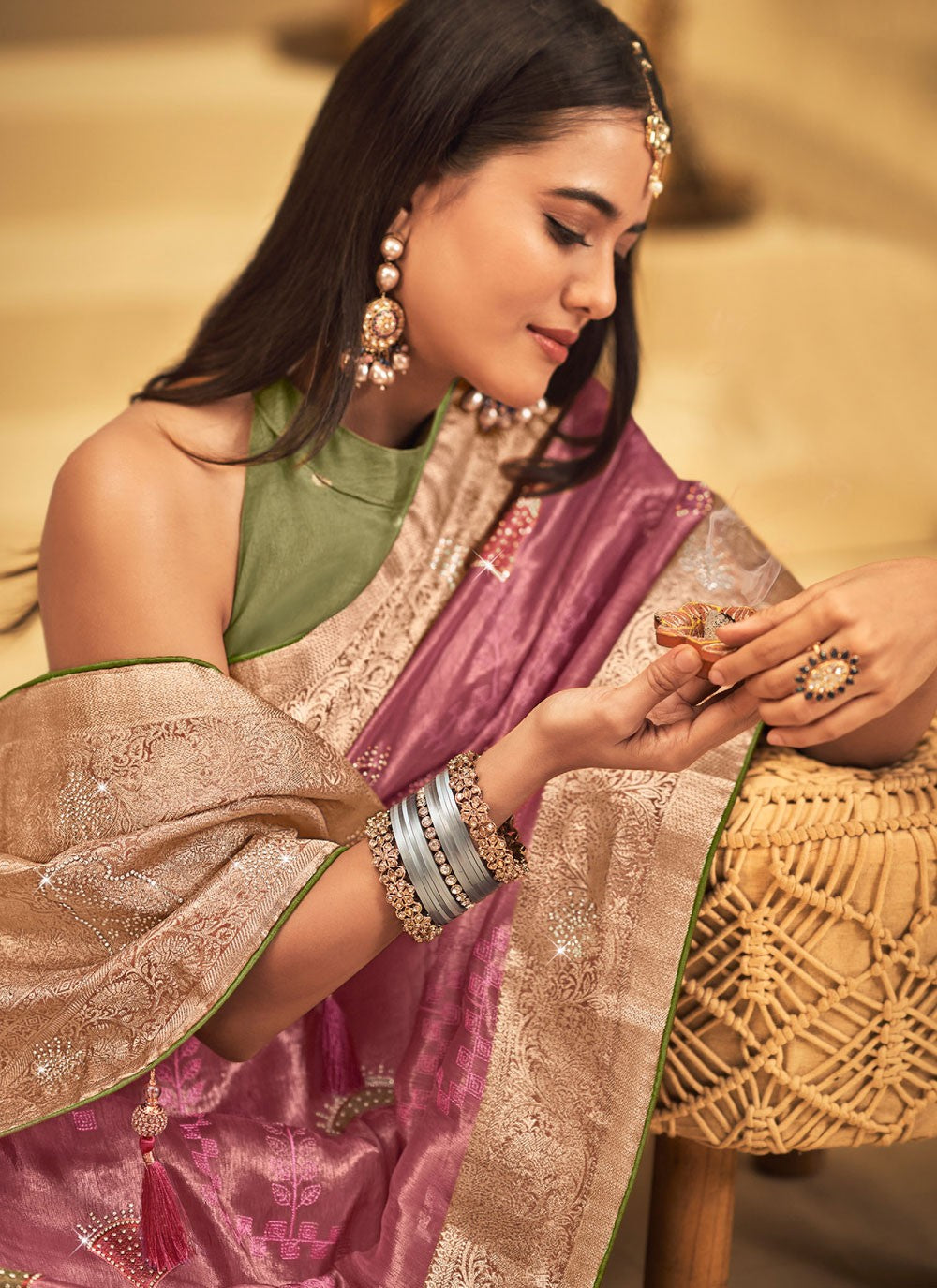 Pink Silk Contemporary Saree Embroidered, Fancy Work, Stones, Swarovski, Weaving Zari, Zari S19456