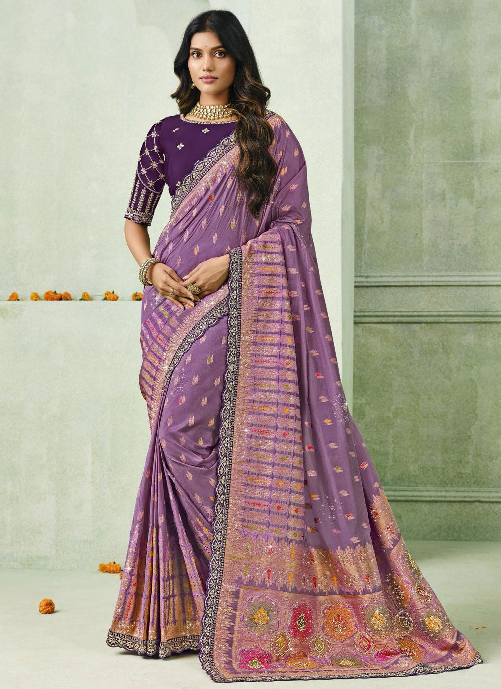 Lavender Silk Contemporary Saree Embroidered S19930