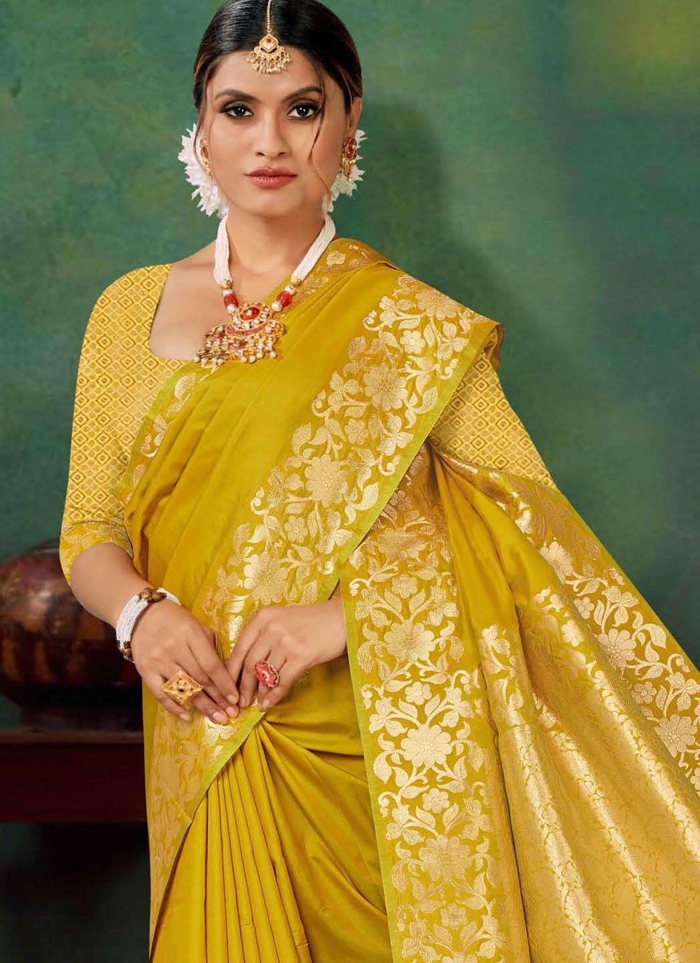 Contemporary Jacquard Work Green, Mustard Silk Saree S12887