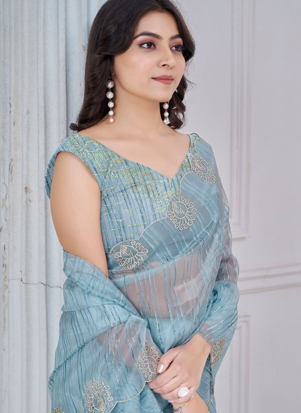 Cut Work Jacquard Blue Contemporary Saree S14970