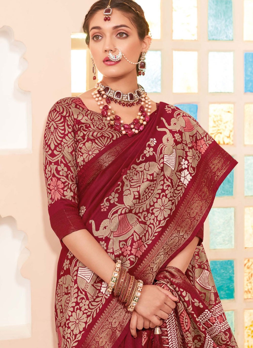 Contemporary Paisley Printed Maroon Silk S12797