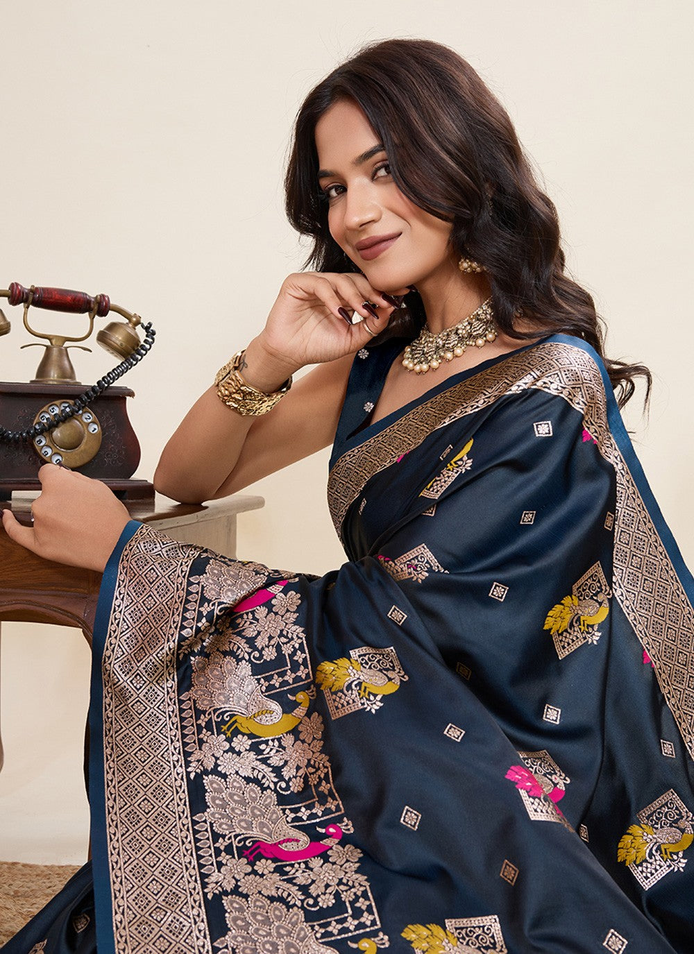 Blue Satin Silk Contemporary Saree Meenakari, Woven S19534