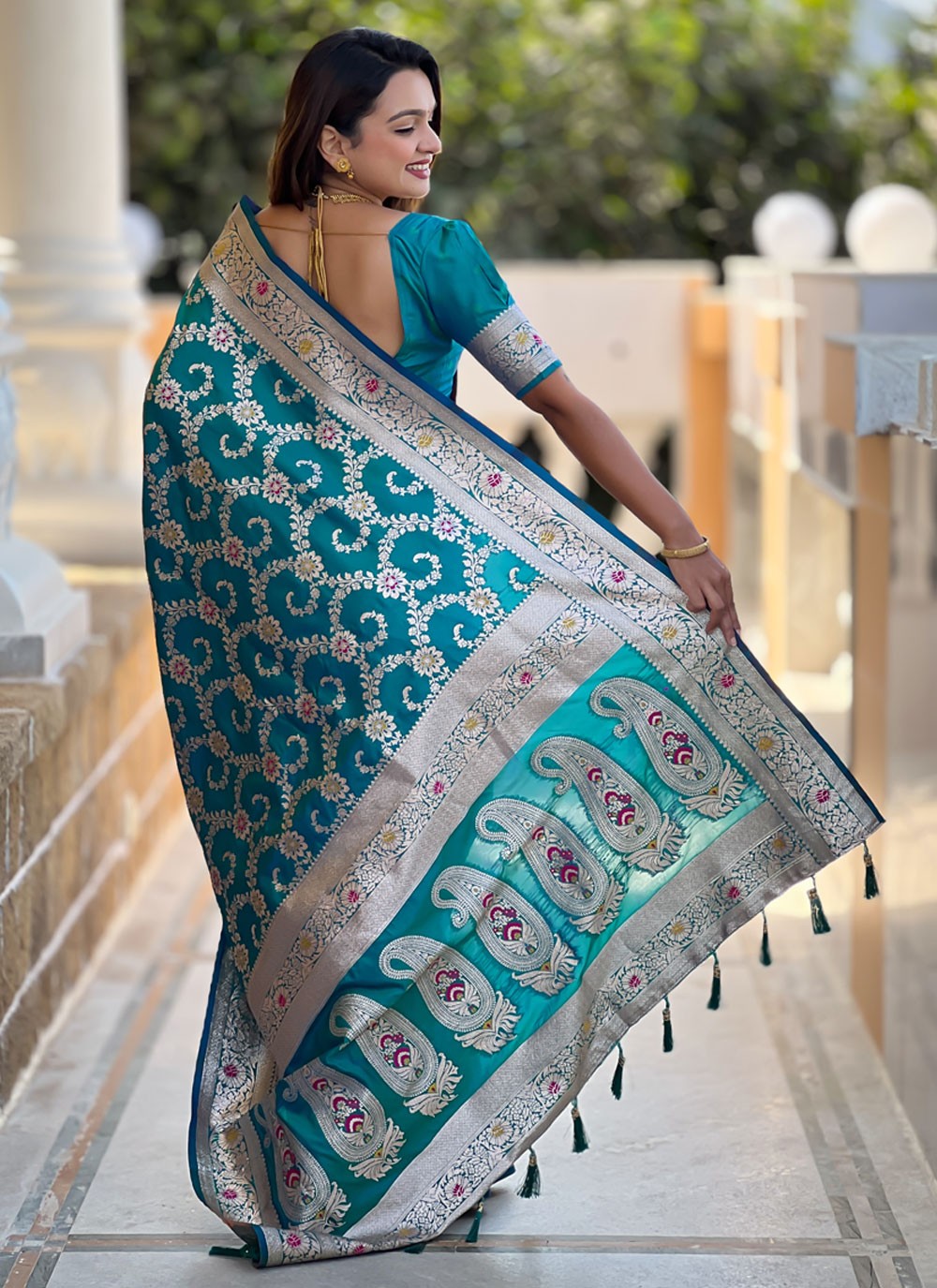 Meenakari Banarasi Silk Firozi Saree S14402