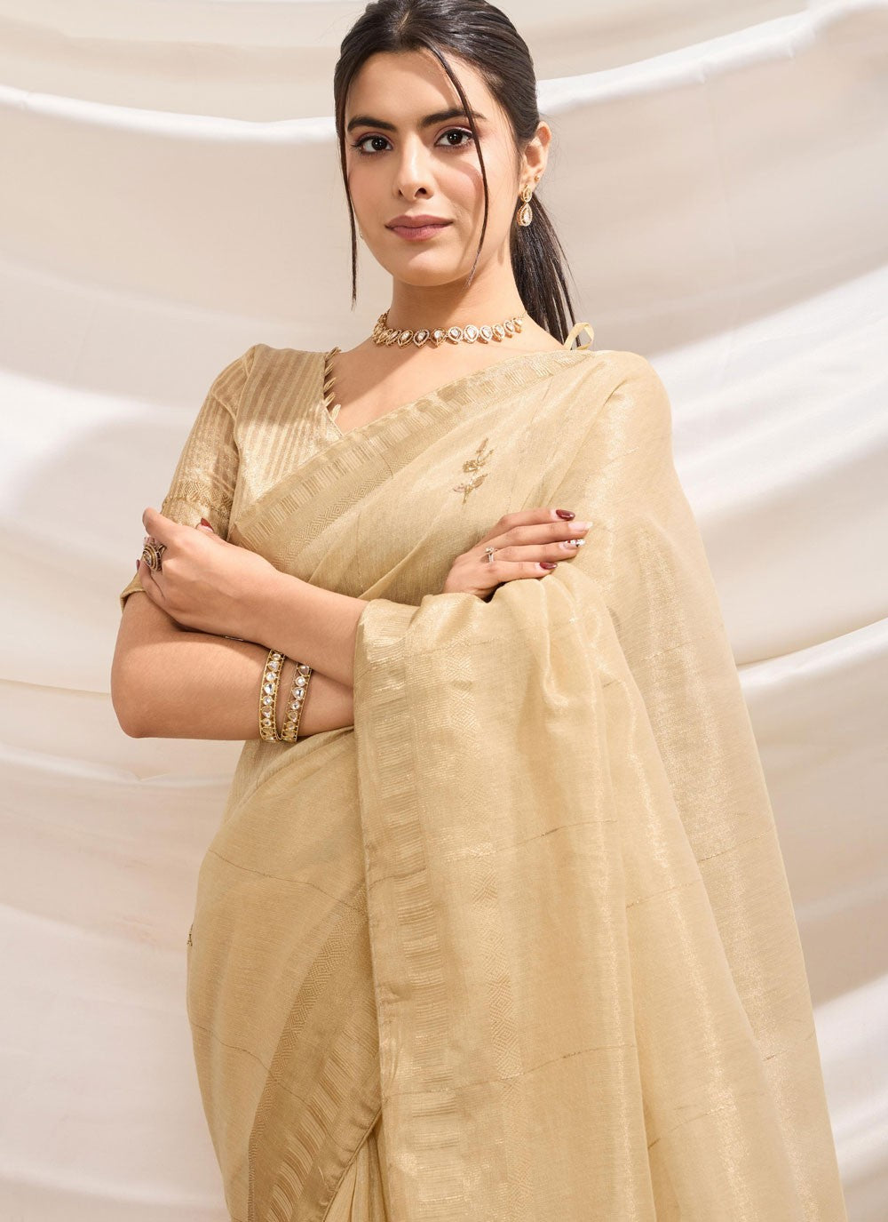 Embroidered Linen Cream Contemporary Saree S14848