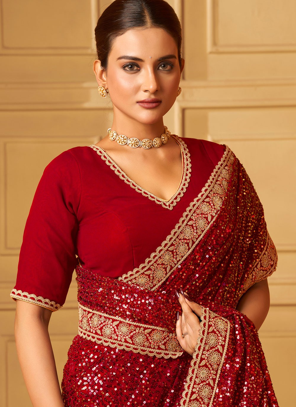 Red Georgette Contemporary Saree Cord, Embroidered, Sequins, Thread, Zari S19355