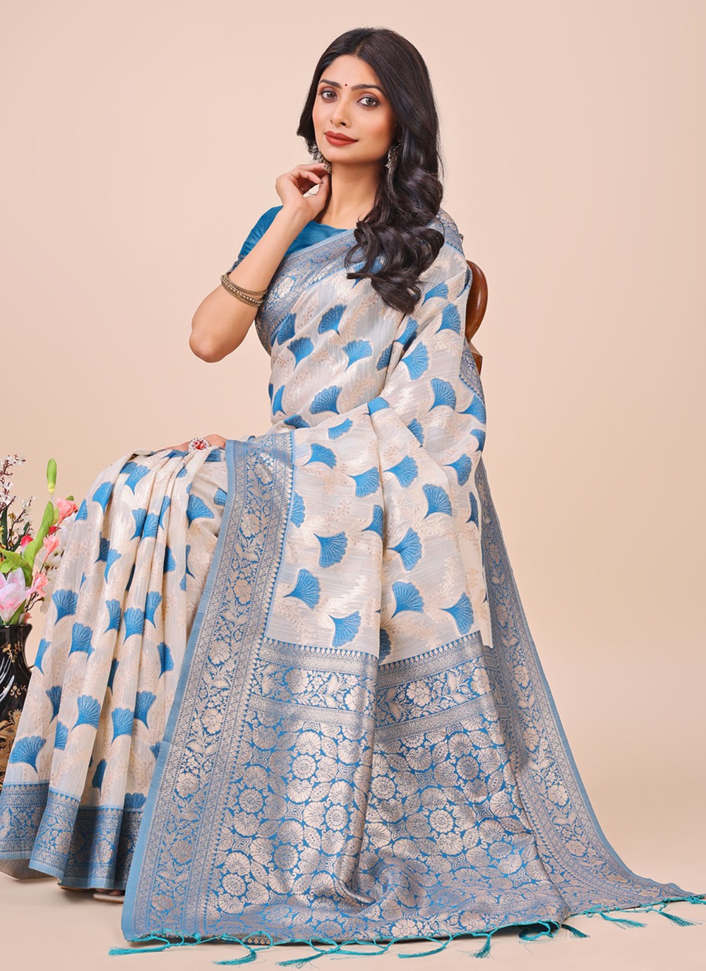 Woven Cotton Aqua Blue Contemporary Saree S15149