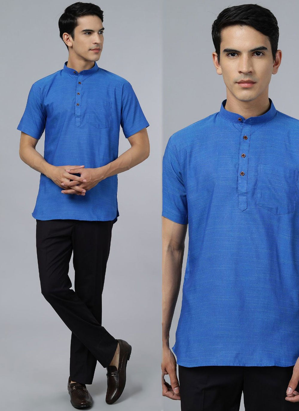 Plain Cotton , Khadi Blue Short Kurta - M6855