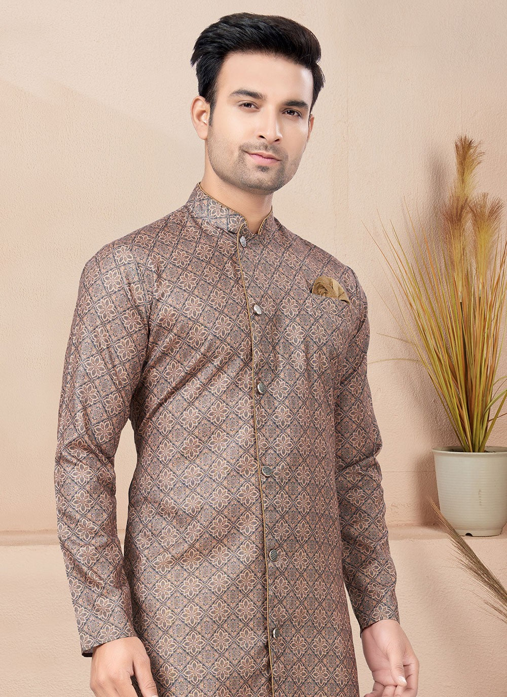 Fancy Work Cotton Brown Indo Western - M6213