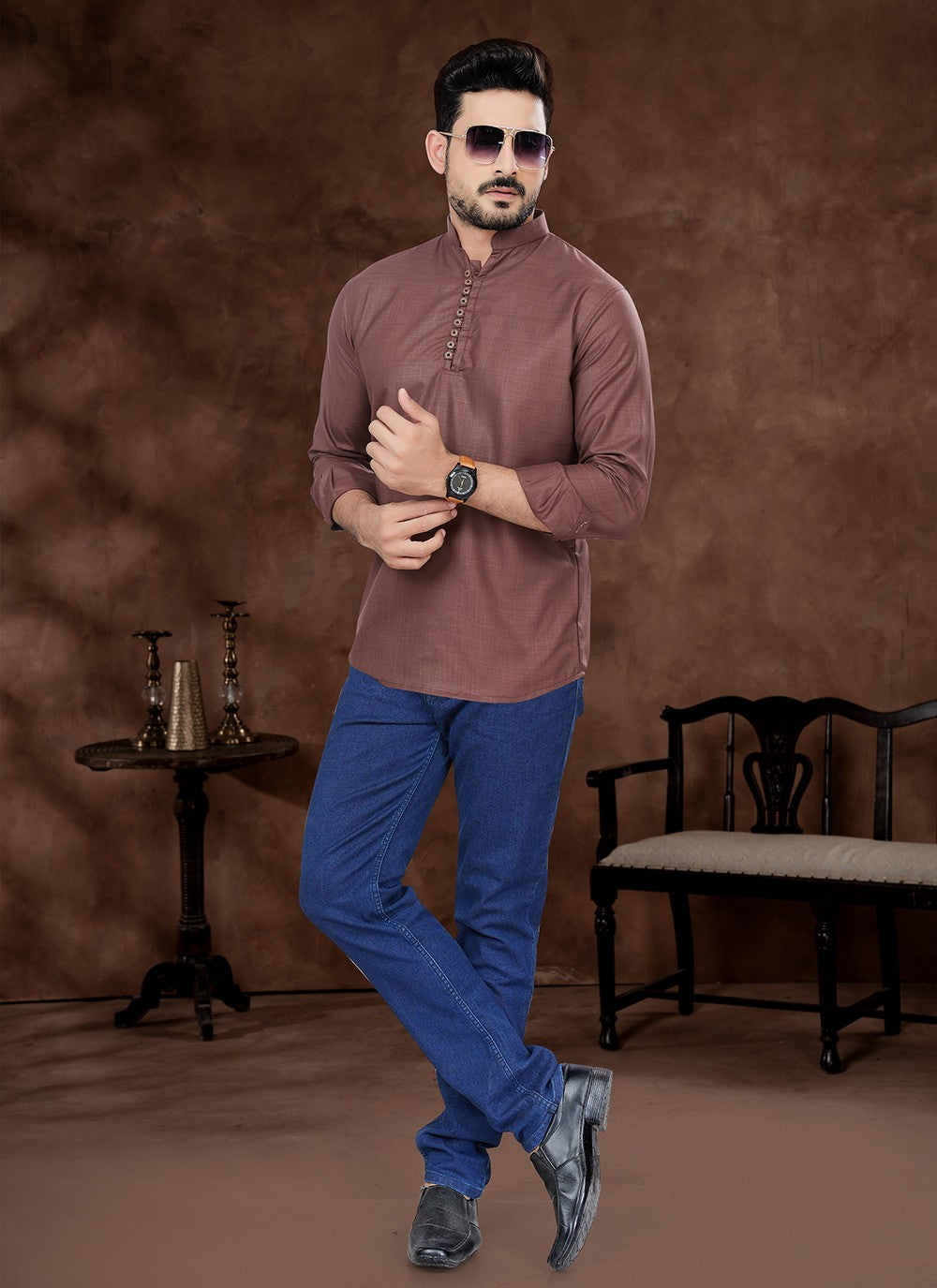 Plain Cotton Brown Short Kurta - M6492